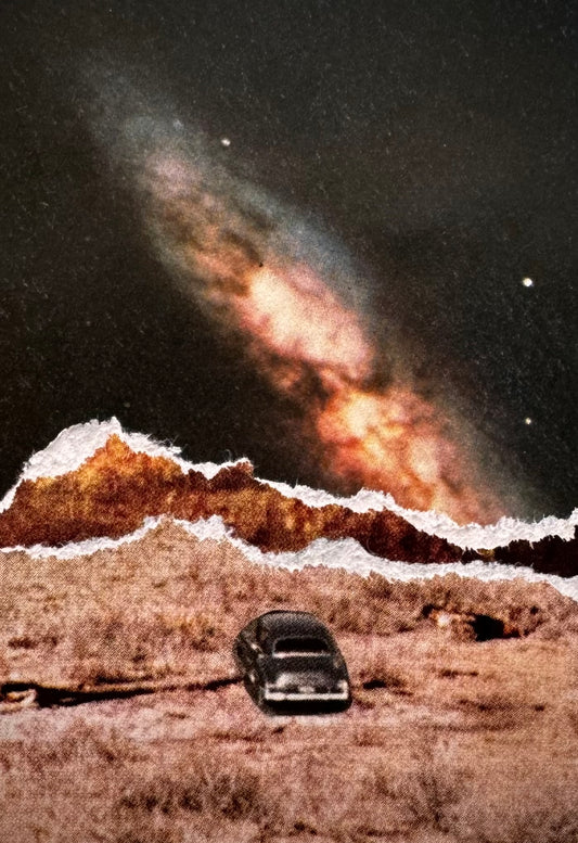 Collage of a car on a desert landscape with a large celestial object resembling a galaxy in the sky.
